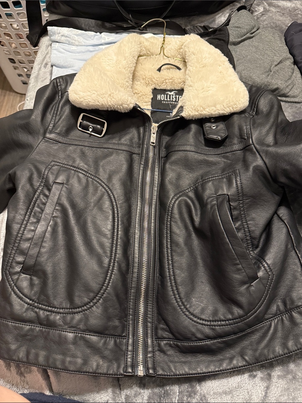 Hollister Black Faux Leather Jacket with Cream Sherpa Collar